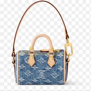 Blue Denim Monogram Micro Mini Bag with Tan Leather Trim